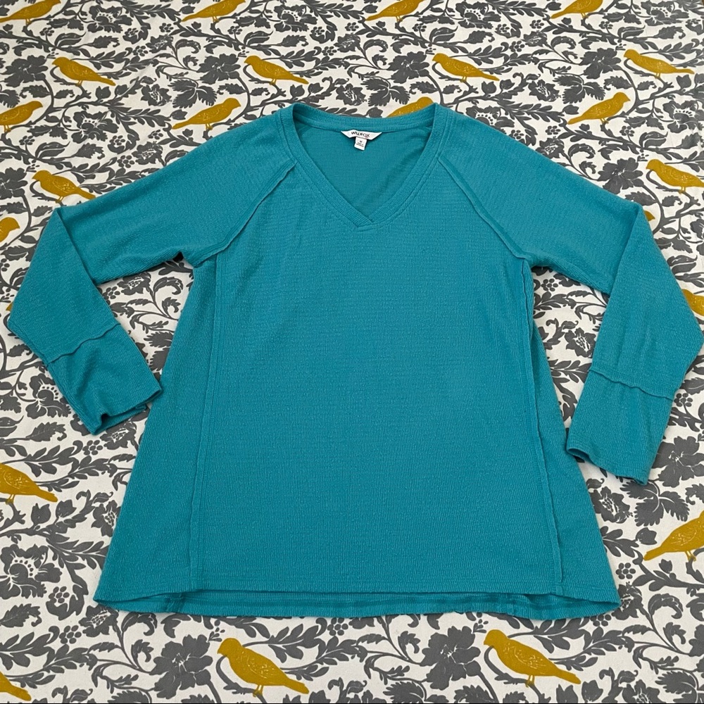 Wildfox Teal Haley Waffle V Neck Sweatshirt EUC Size M